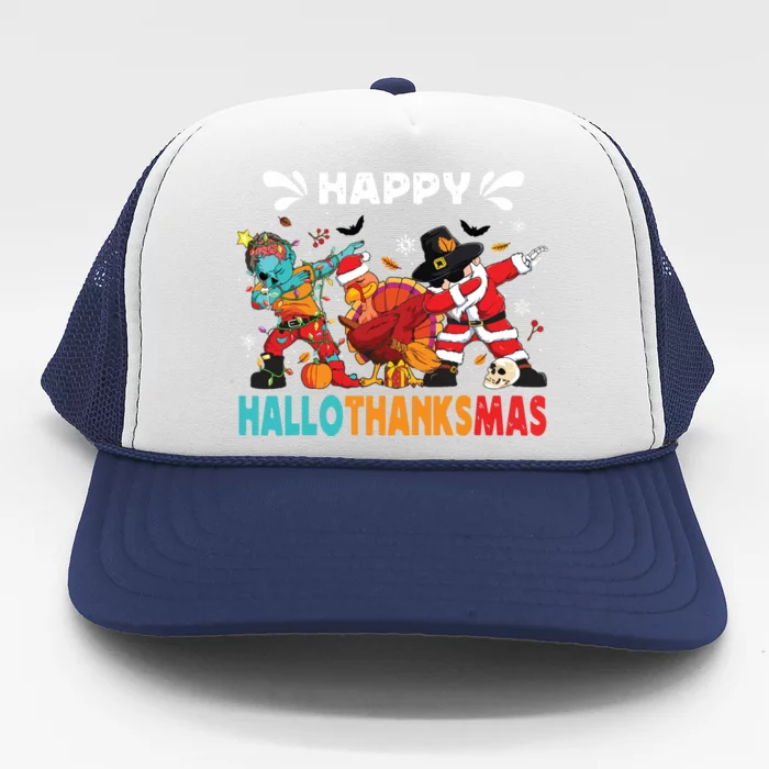 Happy Hallothanksmas Halloween Thanksgiving Christmas Trucker Hat