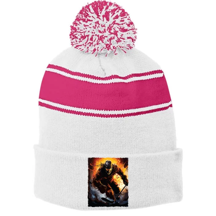 Hockey Halloween Stripe Pom Pom Beanie