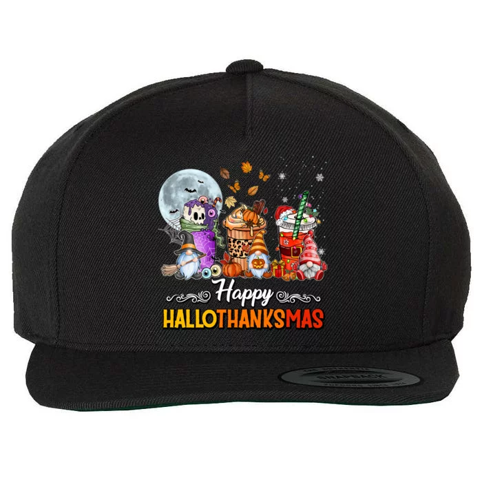 Happy Hallothanksmas Halloween Thanksgiving Christmas Funny Gift Great Gift Wool Snapback Cap