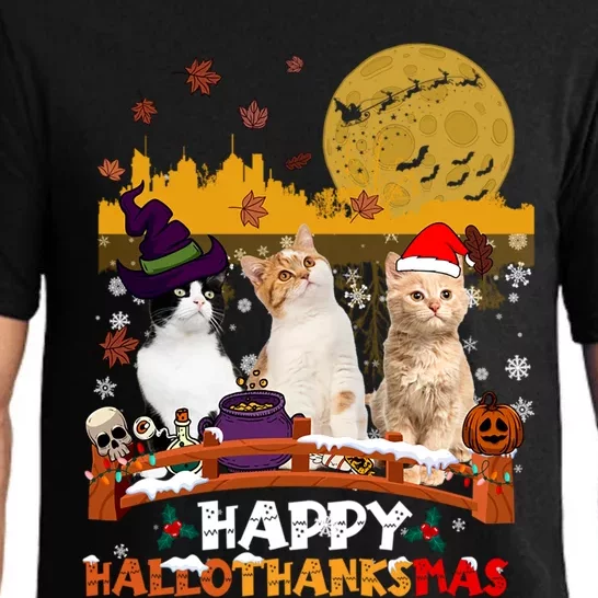 Happy Hallothanksmas Halloween Thanksgiving XMas Cat Lovers Gift Pajama Set