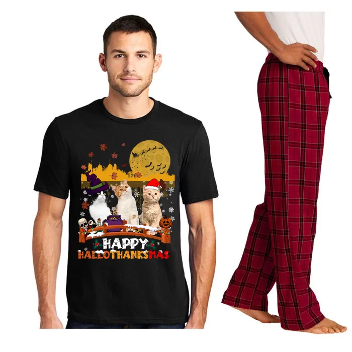 Happy Hallothanksmas Halloween Thanksgiving XMas Cat Lovers Gift Pajama Set