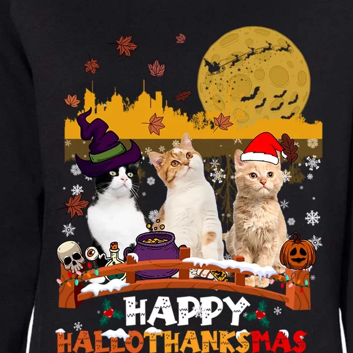 Happy Hallothanksmas Halloween Thanksgiving XMas Cat Lovers Gift Womens California Wash Sweatshirt