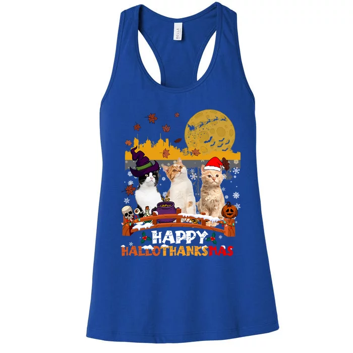 Happy Hallothanksmas Halloween Thanksgiving XMas Cat Lovers Gift Women's Racerback Tank