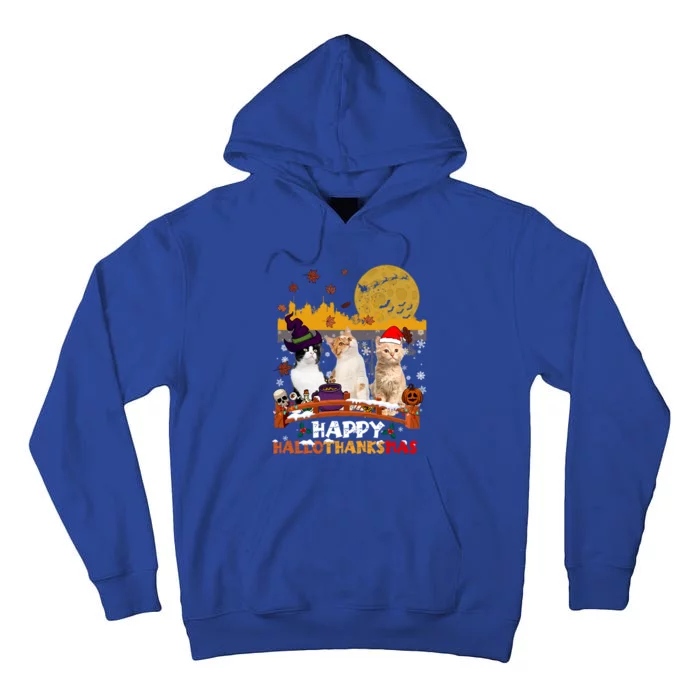 Happy Hallothanksmas Halloween Thanksgiving XMas Cat Lovers Gift Tall Hoodie