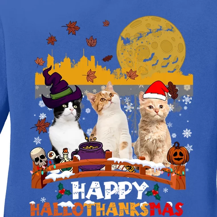 Happy Hallothanksmas Halloween Thanksgiving XMas Cat Lovers Gift Ladies Long Sleeve Shirt