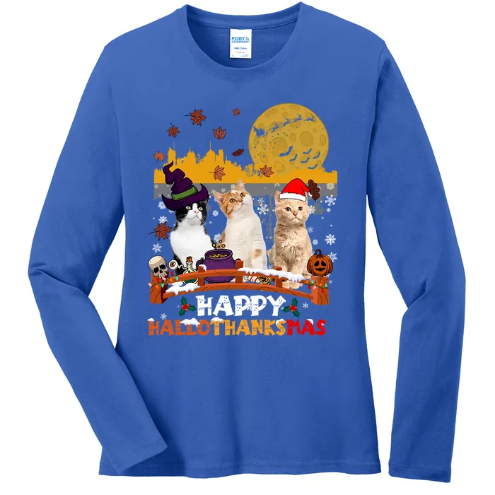 Happy Hallothanksmas Halloween Thanksgiving XMas Cat Lovers Gift Ladies Long Sleeve Shirt