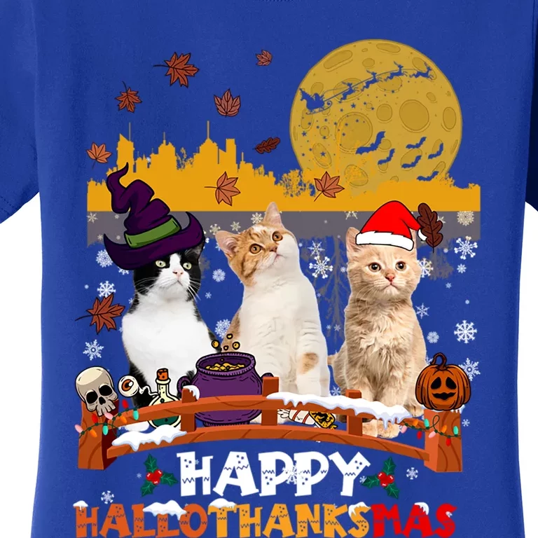 Happy Hallothanksmas Halloween Thanksgiving XMas Cat Lovers Gift Women's T-Shirt