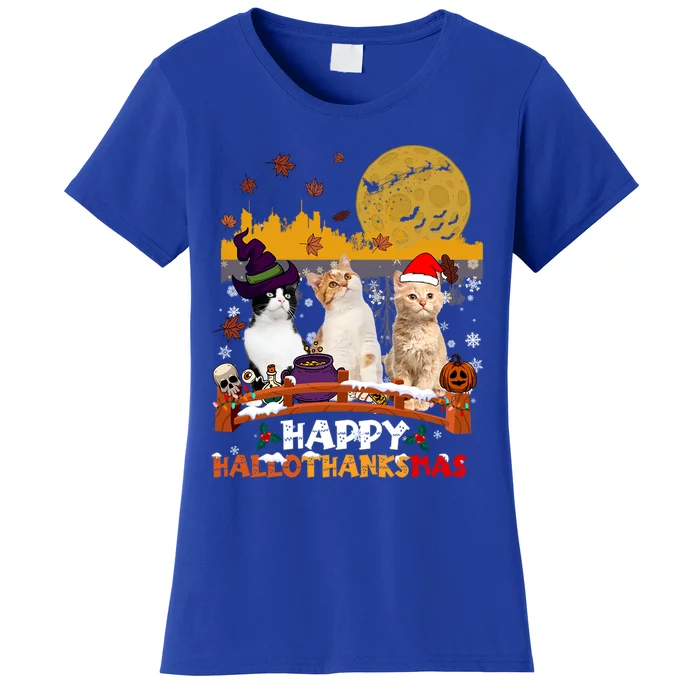 Happy Hallothanksmas Halloween Thanksgiving XMas Cat Lovers Gift Women's T-Shirt