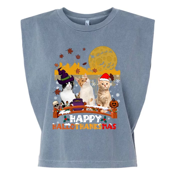 Happy Hallothanksmas Halloween Thanksgiving XMas Cat Lovers Gift Garment-Dyed Women's Muscle Tee