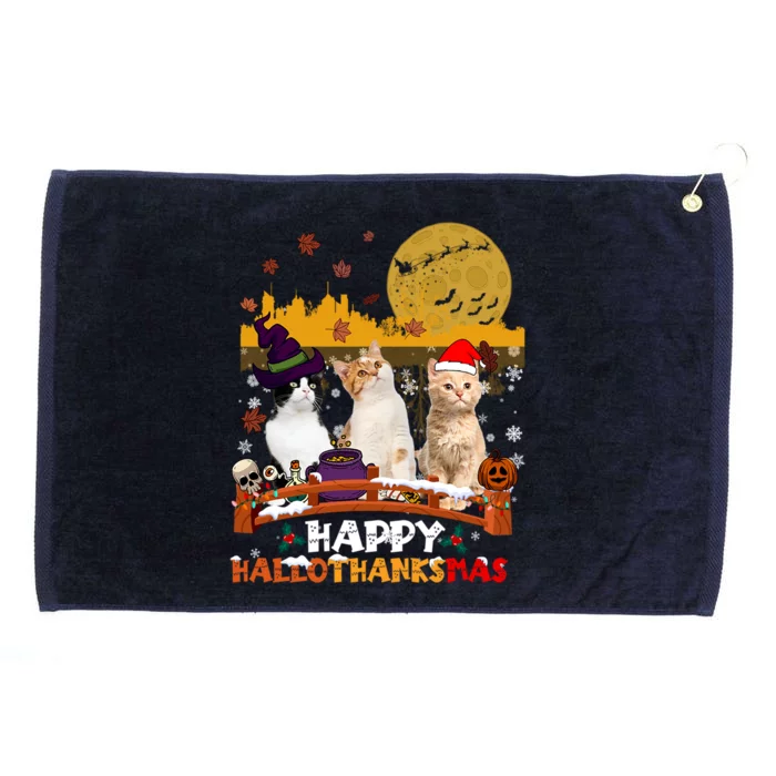 Happy Hallothanksmas Halloween Thanksgiving XMas Cat Lovers Gift Grommeted Golf Towel