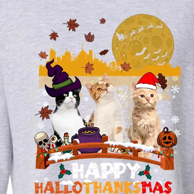 Happy Hallothanksmas Halloween Thanksgiving XMas Cat Lovers Gift Cropped Pullover Crew