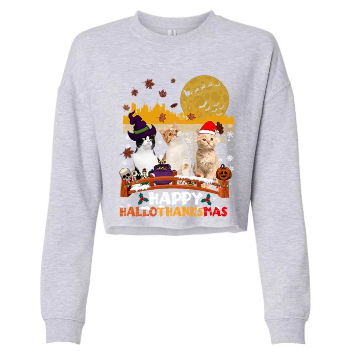 Happy Hallothanksmas Halloween Thanksgiving XMas Cat Lovers Gift Cropped Pullover Crew