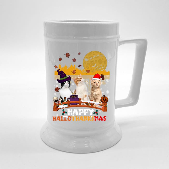 Happy Hallothanksmas Halloween Thanksgiving XMas Cat Lovers Gift Front & Back Beer Stein