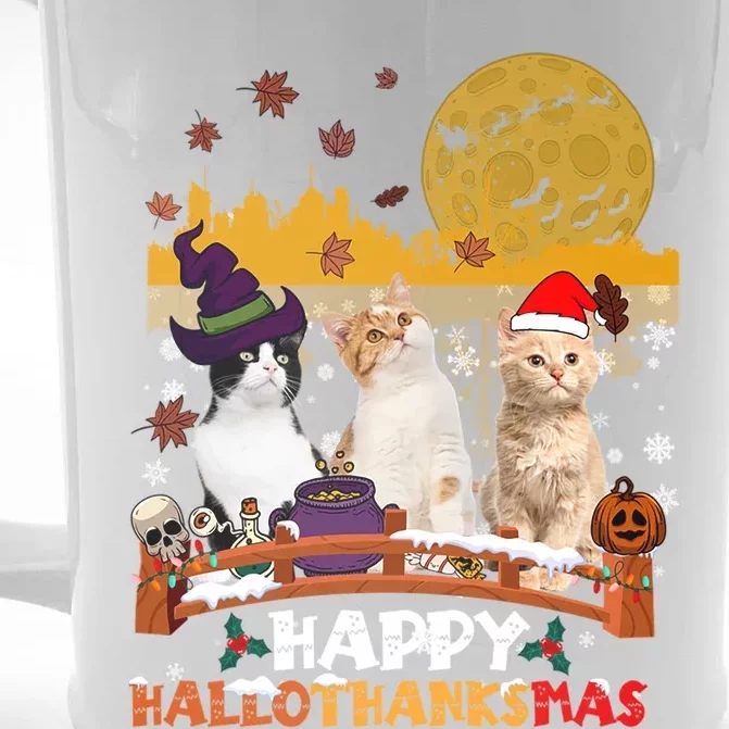 Happy Hallothanksmas Halloween Thanksgiving XMas Cat Lovers Gift Front & Back Beer Stein