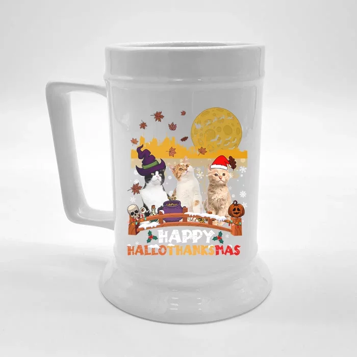 Happy Hallothanksmas Halloween Thanksgiving XMas Cat Lovers Gift Front & Back Beer Stein