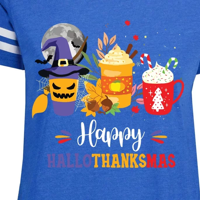 Halloween Happy Hallothanksmas Coffee Latte Thanksgiving Enza Ladies Jersey Football T-Shirt