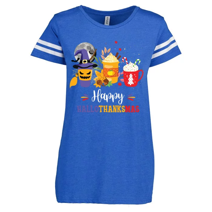 Halloween Happy Hallothanksmas Coffee Latte Thanksgiving Enza Ladies Jersey Football T-Shirt