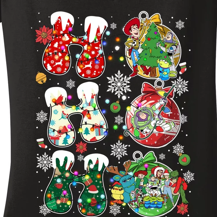 Ho Ho Ho Toy Group Santa Christmas Ho Ho Ho Woody Buzz Lightyear Women's V-Neck T-Shirt