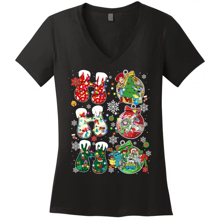 Ho Ho Ho Toy Group Santa Christmas Ho Ho Ho Woody Buzz Lightyear Women's V-Neck T-Shirt