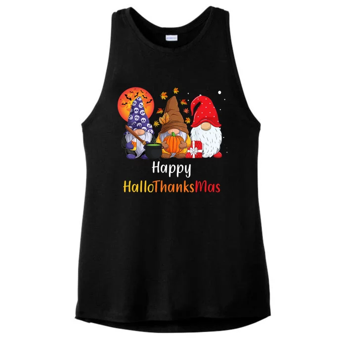 Happy Hallothanksmas Holiday Gnomes Ladies Tri-Blend Wicking Tank