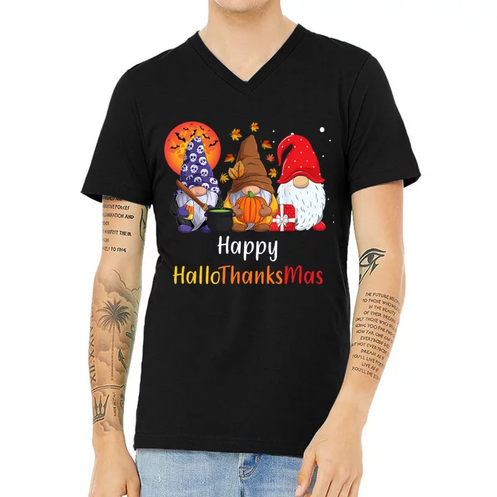 Happy Hallothanksmas Holiday Gnomes V-Neck T-Shirt