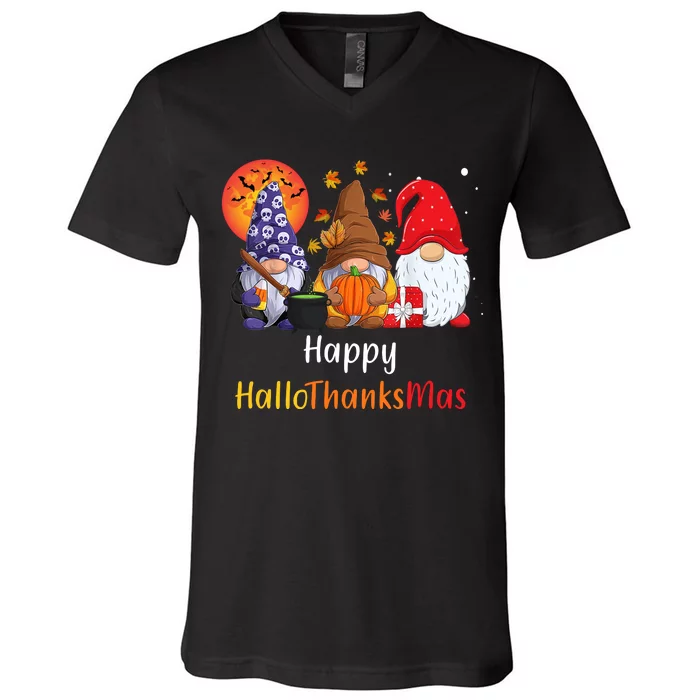 Happy Hallothanksmas Holiday Gnomes V-Neck T-Shirt