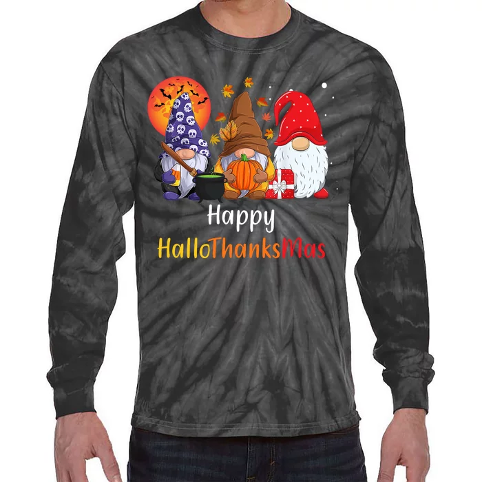 Happy Hallothanksmas Holiday Gnomes Tie-Dye Long Sleeve Shirt