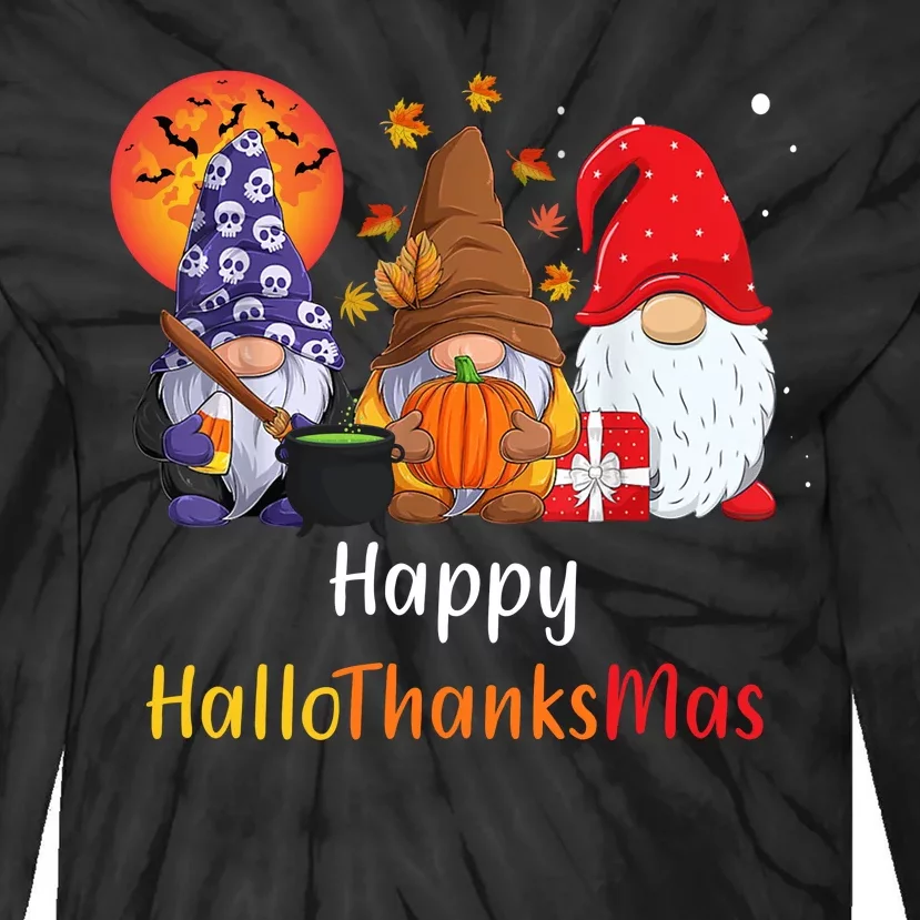 Happy Hallothanksmas Holiday Gnomes Tie-Dye Long Sleeve Shirt