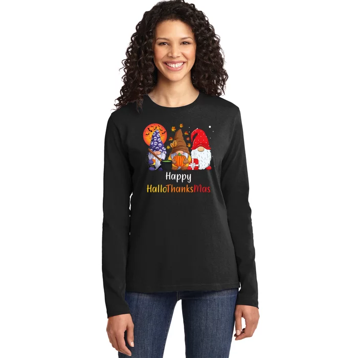 Happy Hallothanksmas Holiday Gnomes Ladies Long Sleeve Shirt