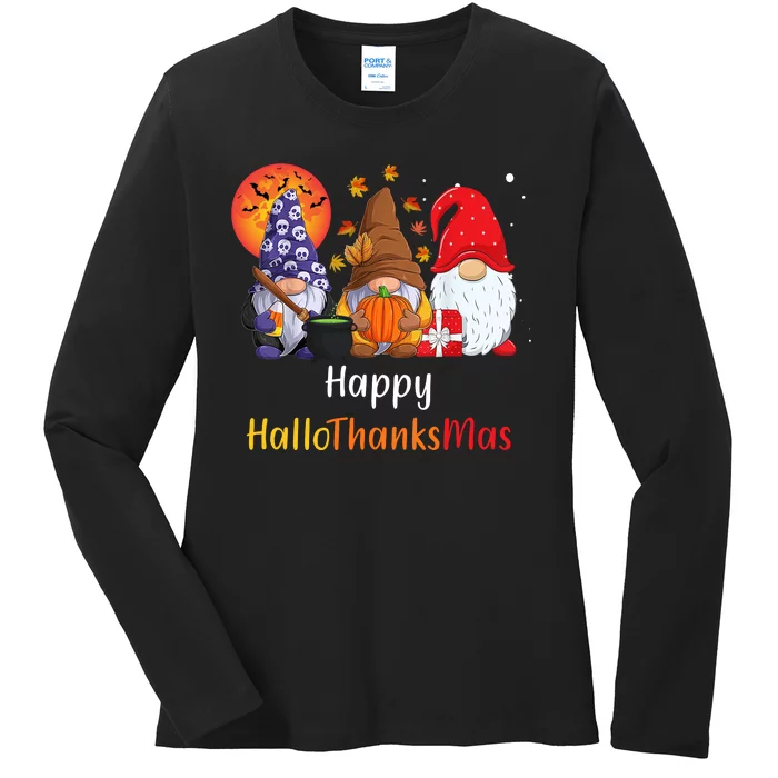 Happy Hallothanksmas Holiday Gnomes Ladies Long Sleeve Shirt