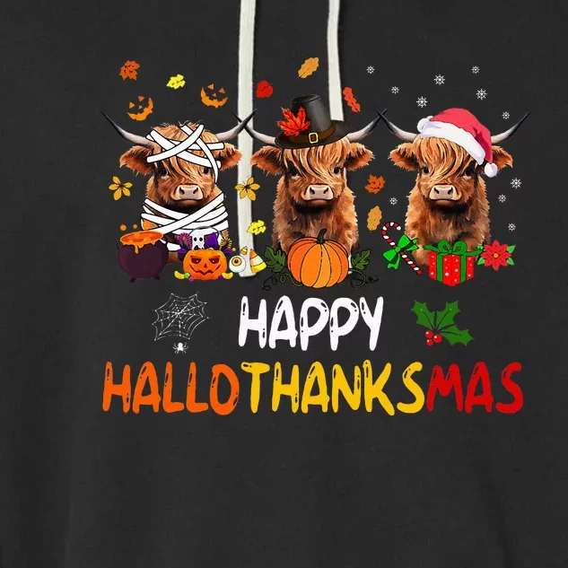 Happy Hallothanksmas Highland Cow Print Halloween Christmas Garment-Dyed Fleece Hoodie