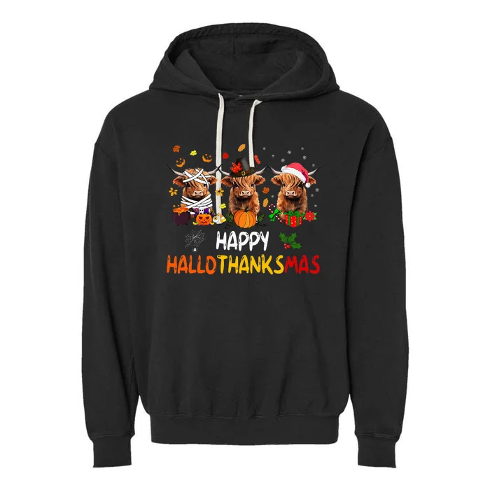 Happy Hallothanksmas Highland Cow Print Halloween Christmas Garment-Dyed Fleece Hoodie