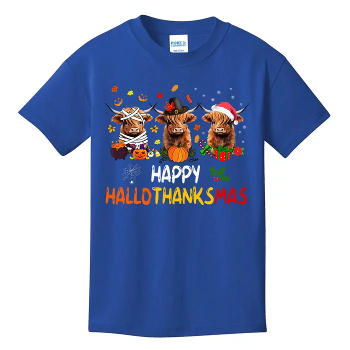 Happy Hallothanksmas Highland Cow Print Halloween Christmas Kids T-Shirt