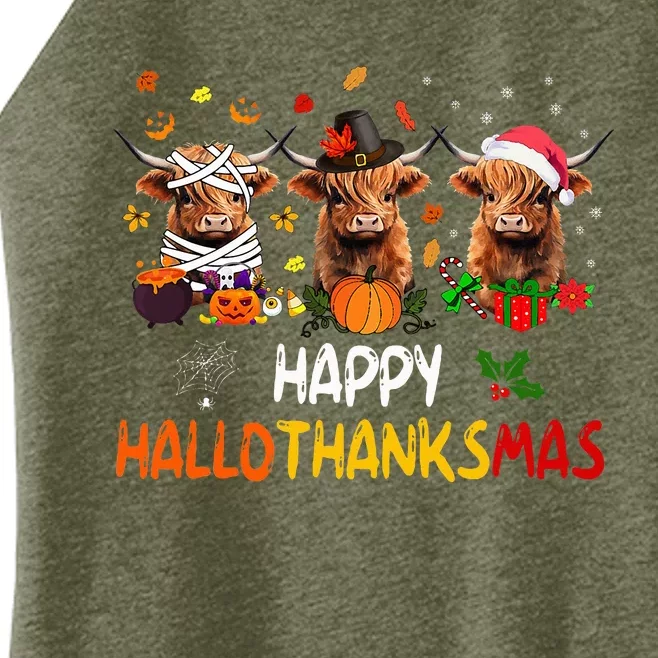 Happy Hallothanksmas Highland Cow Print Halloween Christmas Women’s Perfect Tri Rocker Tank