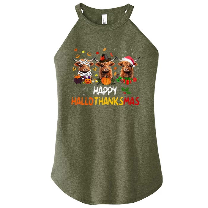 Happy Hallothanksmas Highland Cow Print Halloween Christmas Women’s Perfect Tri Rocker Tank