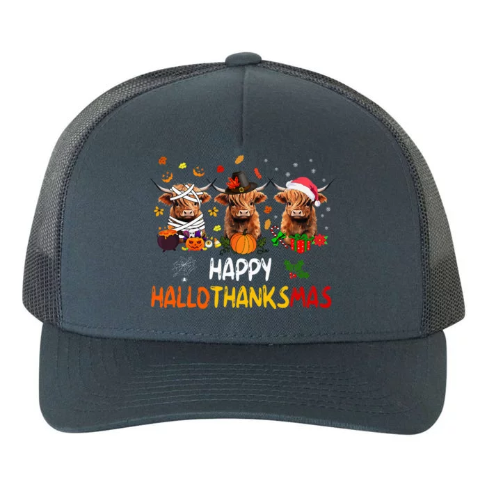 Happy Hallothanksmas Highland Cow Print Halloween Christmas Yupoong Adult 5-Panel Trucker Hat