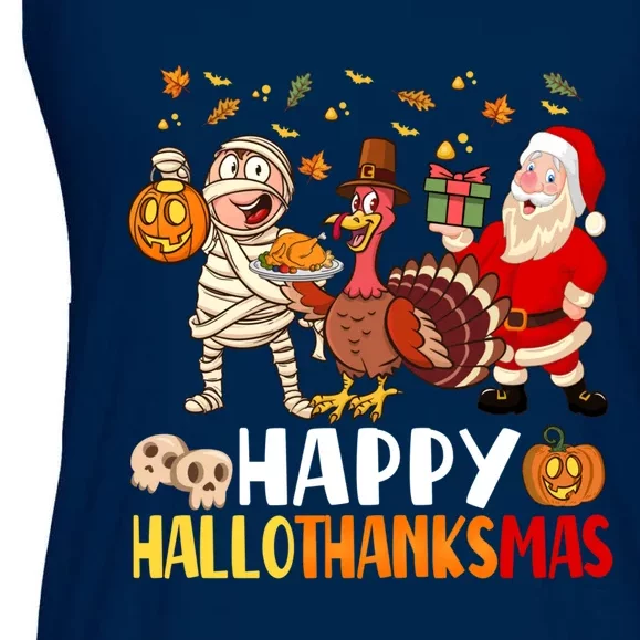 Happy Hallothanksmas Halloween Thanksgiving Christmas Day Ladies Essential Flowy Tank