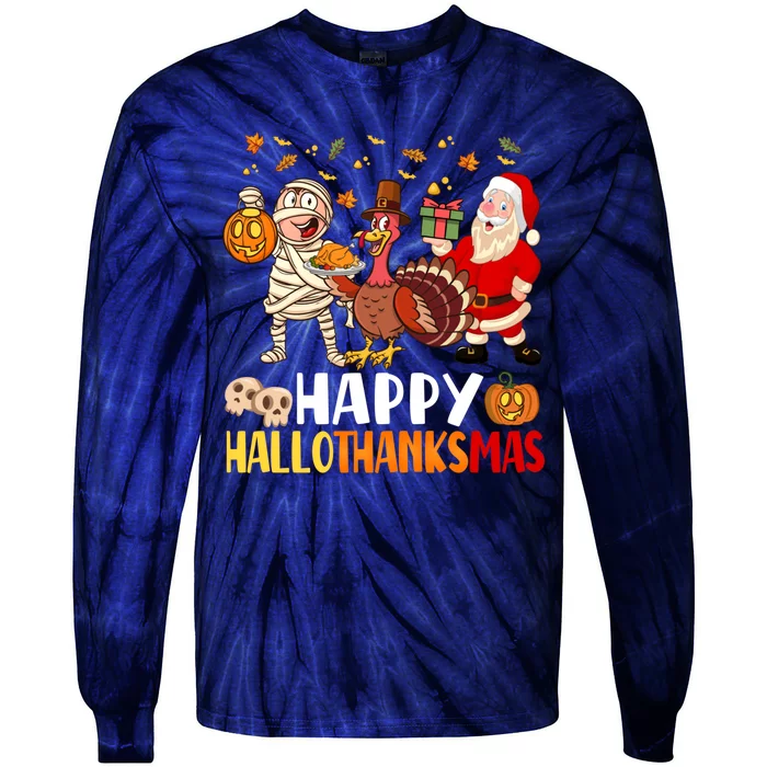 Happy Hallothanksmas Halloween Thanksgiving Christmas Day Tie-Dye Long Sleeve Shirt