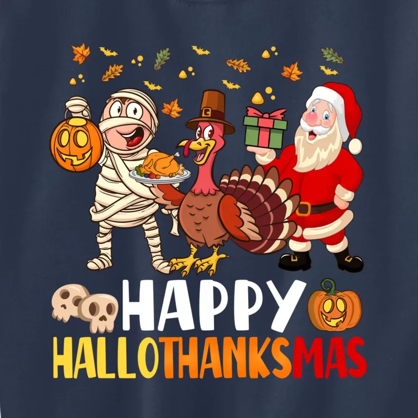 Happy Hallothanksmas Halloween Thanksgiving Christmas Day Kids Sweatshirt