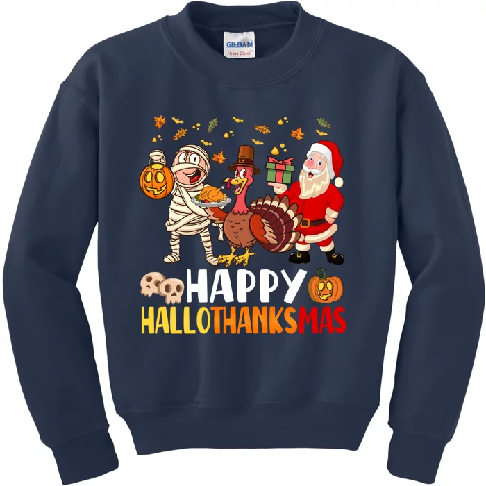 Happy Hallothanksmas Halloween Thanksgiving Christmas Day Kids Sweatshirt