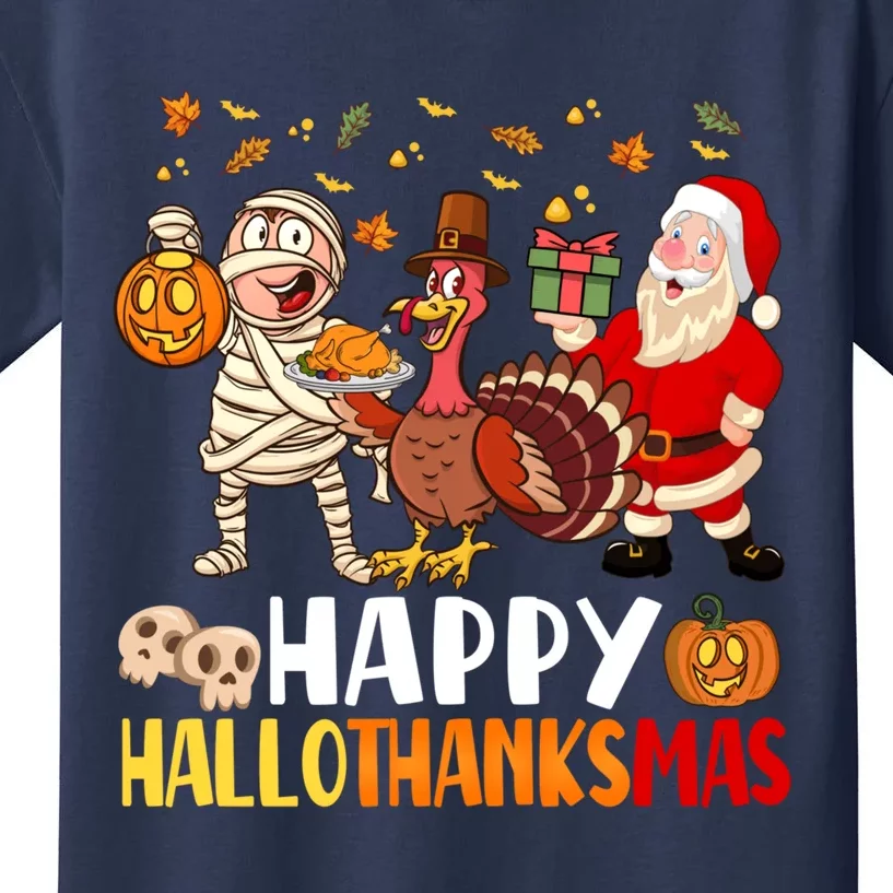 Happy Hallothanksmas Halloween Thanksgiving Christmas Day Kids T-Shirt