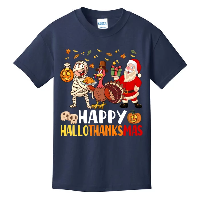 Happy Hallothanksmas Halloween Thanksgiving Christmas Day Kids T-Shirt