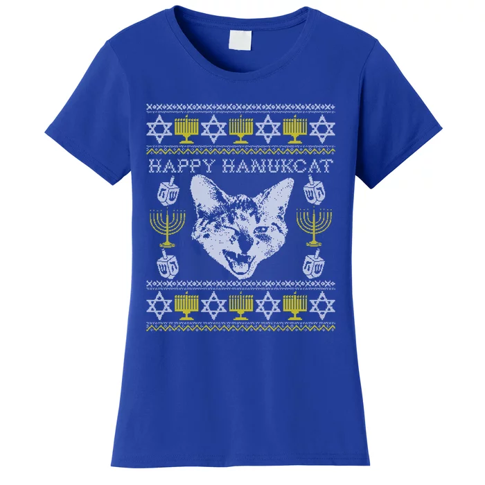 Happy Hanukcat Hannukah Jewish Cat Ugly Christmas Sweater Gift Women's T-Shirt