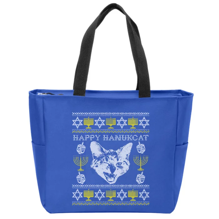 Happy Hanukcat Hannukah Jewish Cat Ugly Christmas Sweater Gift Zip Tote Bag