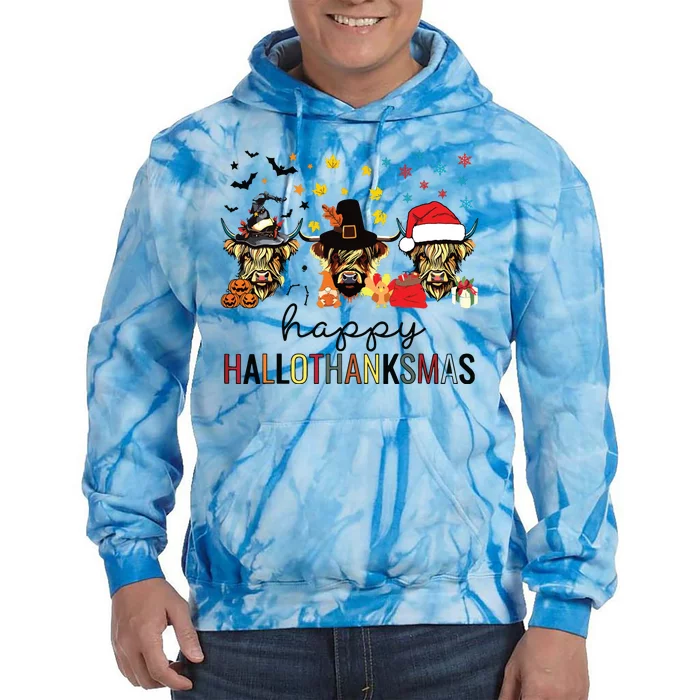 Happy Hallothanksmas Highland Cow Halloween Christmas Tie Dye Hoodie