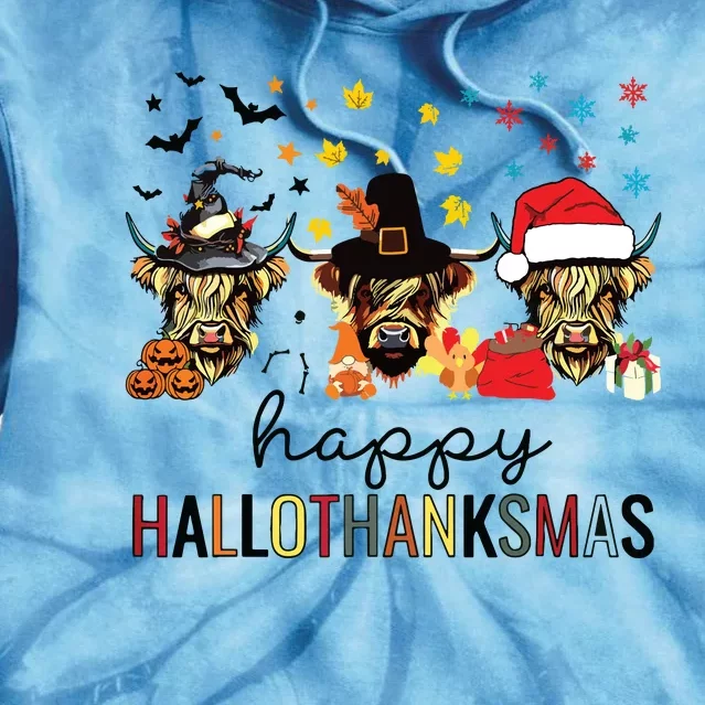 Happy Hallothanksmas Highland Cow Halloween Christmas Tie Dye Hoodie