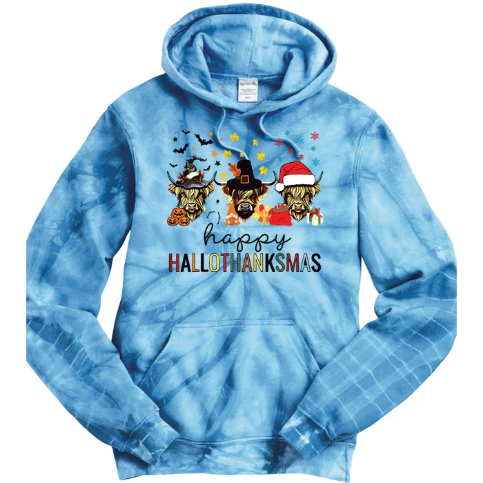 Happy Hallothanksmas Highland Cow Halloween Christmas Tie Dye Hoodie