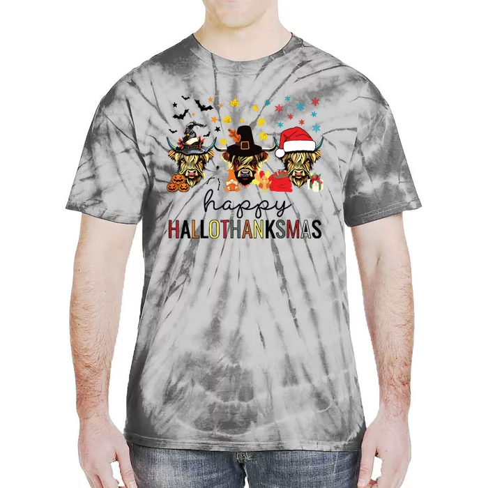 Happy Hallothanksmas Highland Cow Halloween Christmas Tie-Dye T-Shirt