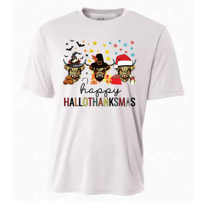 Happy Hallothanksmas Highland Cow Halloween Christmas Cooling Performance Crew T-Shirt