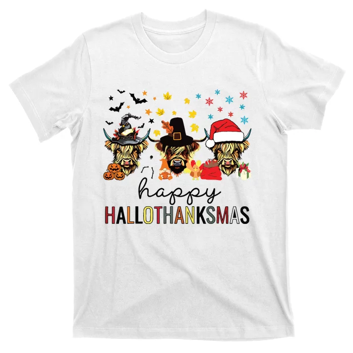 Happy Hallothanksmas Highland Cow Halloween Christmas T-Shirt